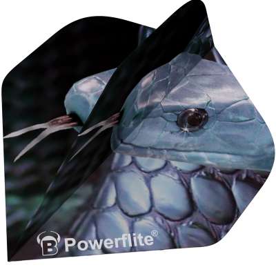 Close-up angled view of dart flight featuring detailed snake artwork and Powerflite logo, highlighting texture for darts accessories