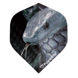 Close-up of dart flight with realistic snake head design, No.2 shape, black background, Powerflite logo visible