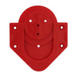 Red dartboard mounting bracket kit top-down view, isolated on white, showing pre-drilled holes for secure dartboard setup