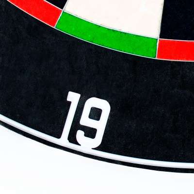 Macro close-up of replacement dartboard number ring showing metal 19 detail with black and colored scoring segments