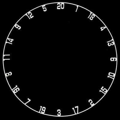 Replacement dartboard number ring top-down view, metal numbers 1-20, isolated on black, essential for dartboard setup