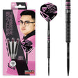 Rusty-Jake Rodriguez 90% tungsten darts set in retail packaging plus close-up of black barrel grip texture and pink geometric flights