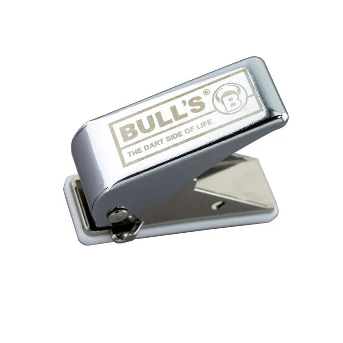 Angled view of dart flight punch tool isolated on white background, showing metal construction and punching mechanism for darts setup