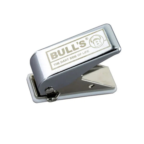 Angled view of dart flight punch tool isolated on white background, showing metal construction and punching mechanism for darts setup