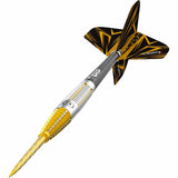 Angled close-up of 90% tungsten dart with precision grip barrel, gold grooved tip, and black-yellow geometric flight on white background
