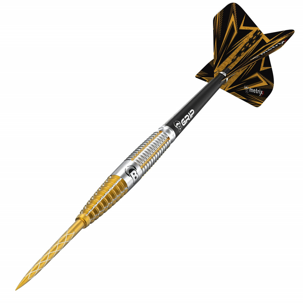 Angled view of 90 percent tungsten dart with gold knurled barrel, precision tip, and patterned black flights on white background