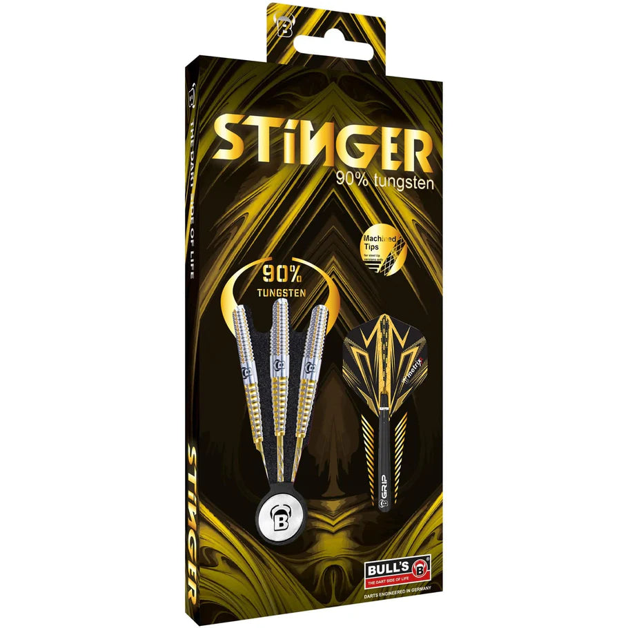 Angled boxed view of 90% tungsten darts set with machined grip, precision flights, and bold black-yellow packaging
