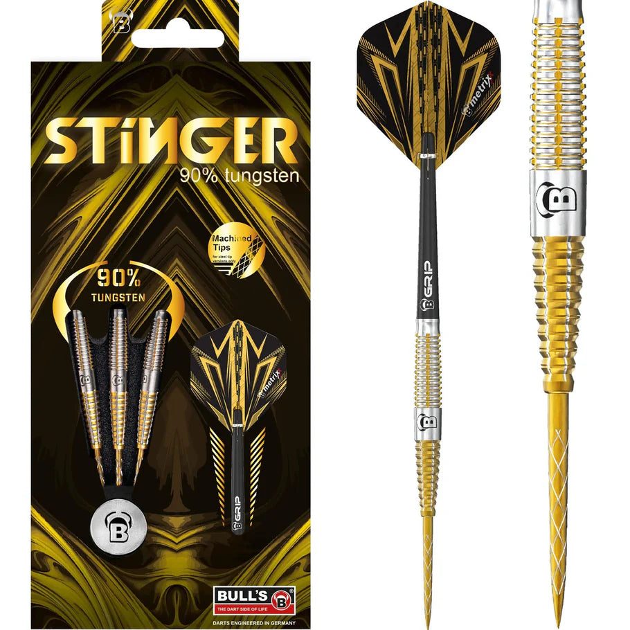 Stinger 90% tungsten darts in retail packaging with gold accents, plus close-up of dart barrel grip texture and patterned flight