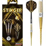 Stinger 90% tungsten darts in retail packaging with gold accents, plus close-up of dart barrel grip texture and patterned flight
