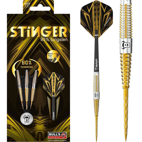 Stinger 90% tungsten darts in retail packaging with gold accents, plus close-up of dart barrel grip texture and patterned flight