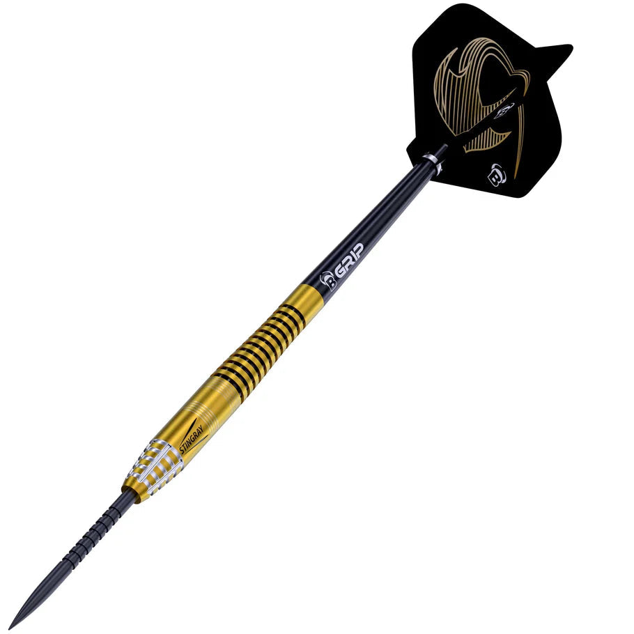 Angled full view of 90% tungsten dart with gold-black knurled grip, precision point, and custom black flight on white background