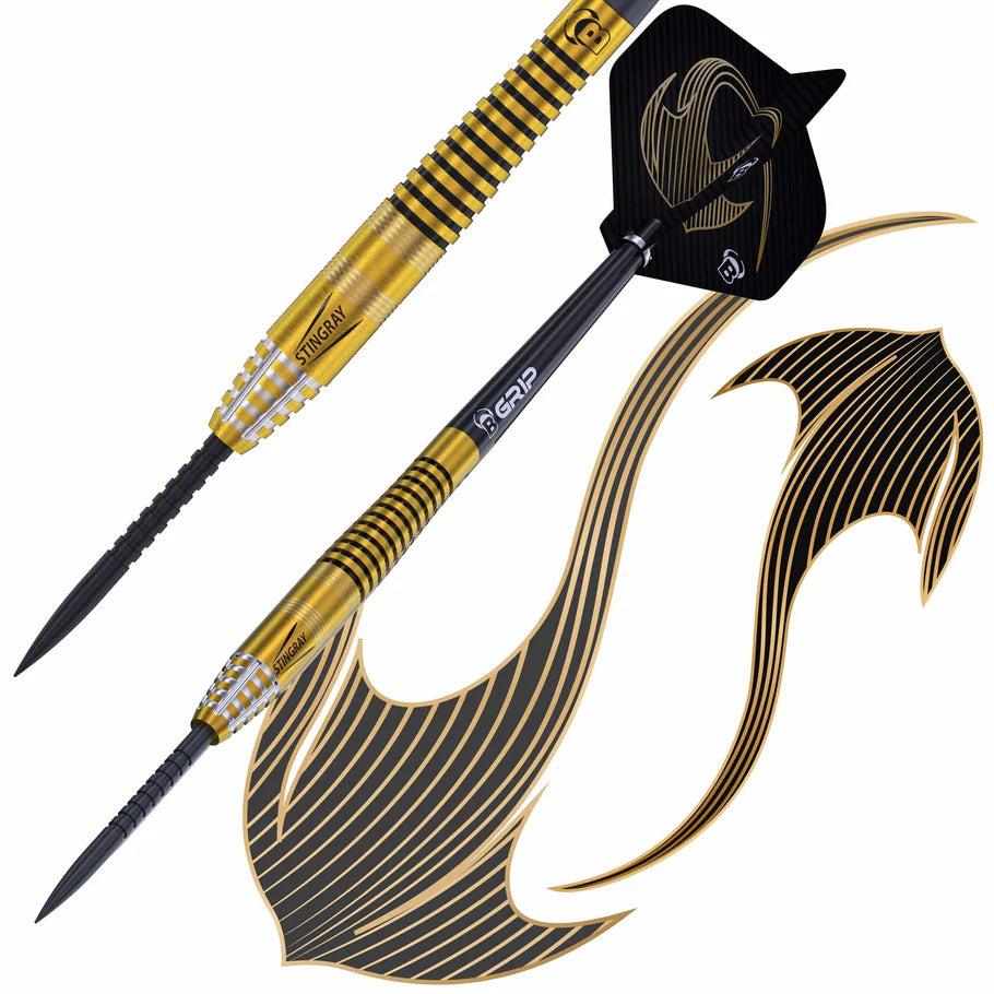 Angled close-up of two 90% tungsten darts with gold grooved barrels and black stingray flights, isolated on white, showing detailed grip texture.