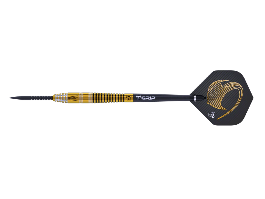Full view of 90% tungsten dart with precision grip rings, gold-black barrel, and stylized black-gold flight on white background