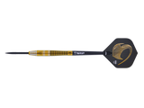 Full view of 90% tungsten dart with precision grip rings, gold-black barrel, and stylized black-gold flight on white background
