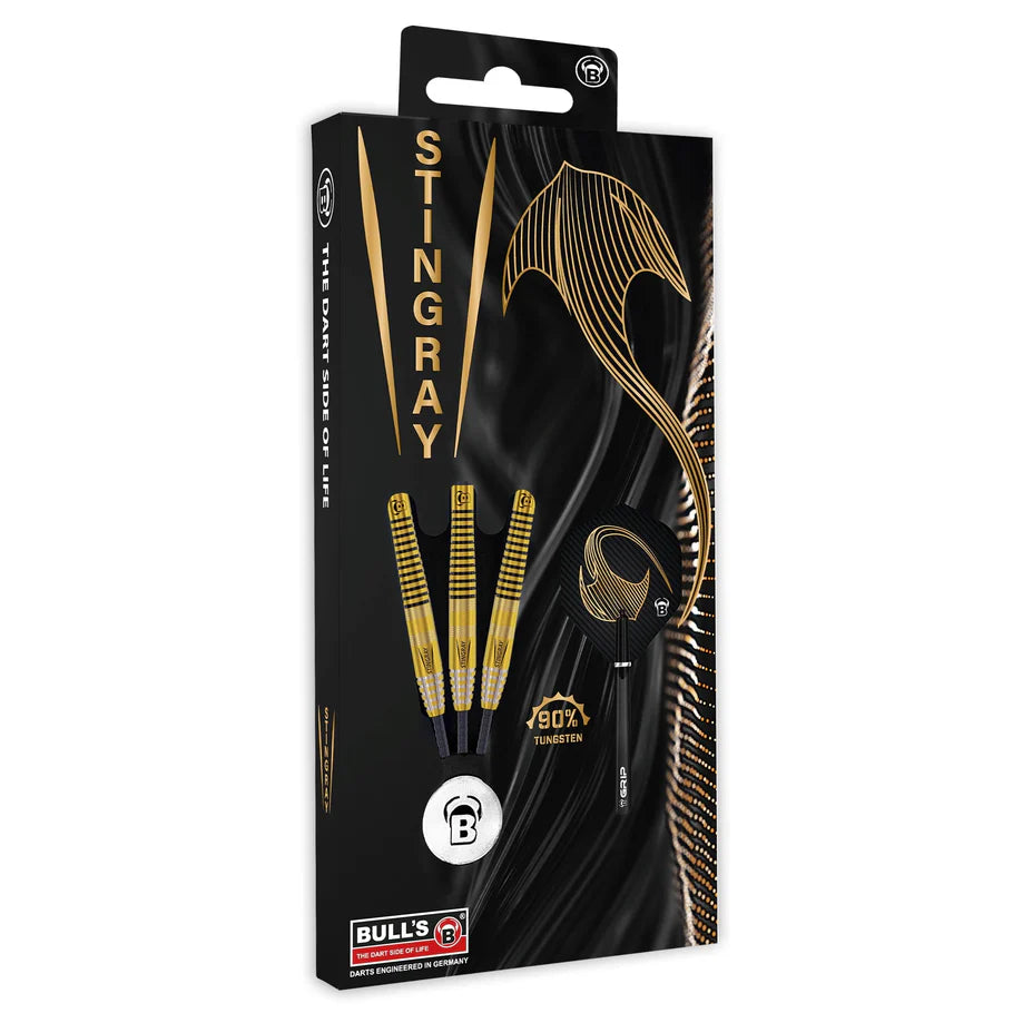Angled view of Stingray ST3 tungsten darts in retail packaging with three gold and black grip barrels and flight design on box
