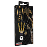 Angled view of Stingray ST3 tungsten darts in retail packaging with three gold and black grip barrels and flight design on box