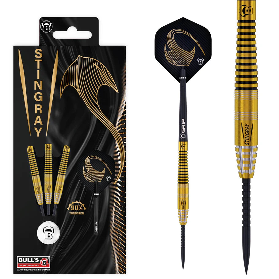 Stingray ST3 90% tungsten darts set in retail packaging with close-up showing gold black knurled grip and matching dart flight