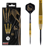 Stingray ST3 90% tungsten darts set in retail packaging with close-up showing gold black knurled grip and matching dart flight