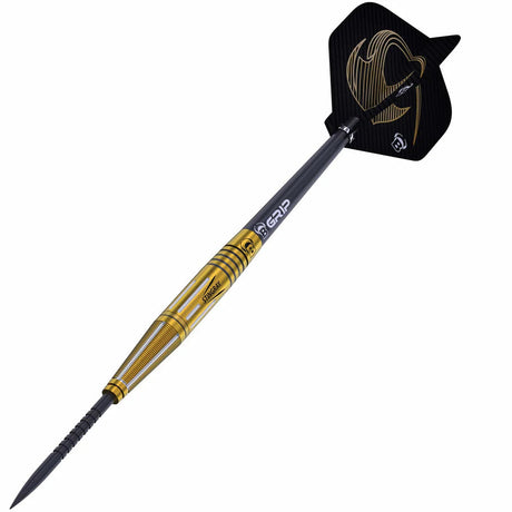 Single tungsten dart in angled view, black and gold barrel with precision grip, Stingray flight, isolated on white background