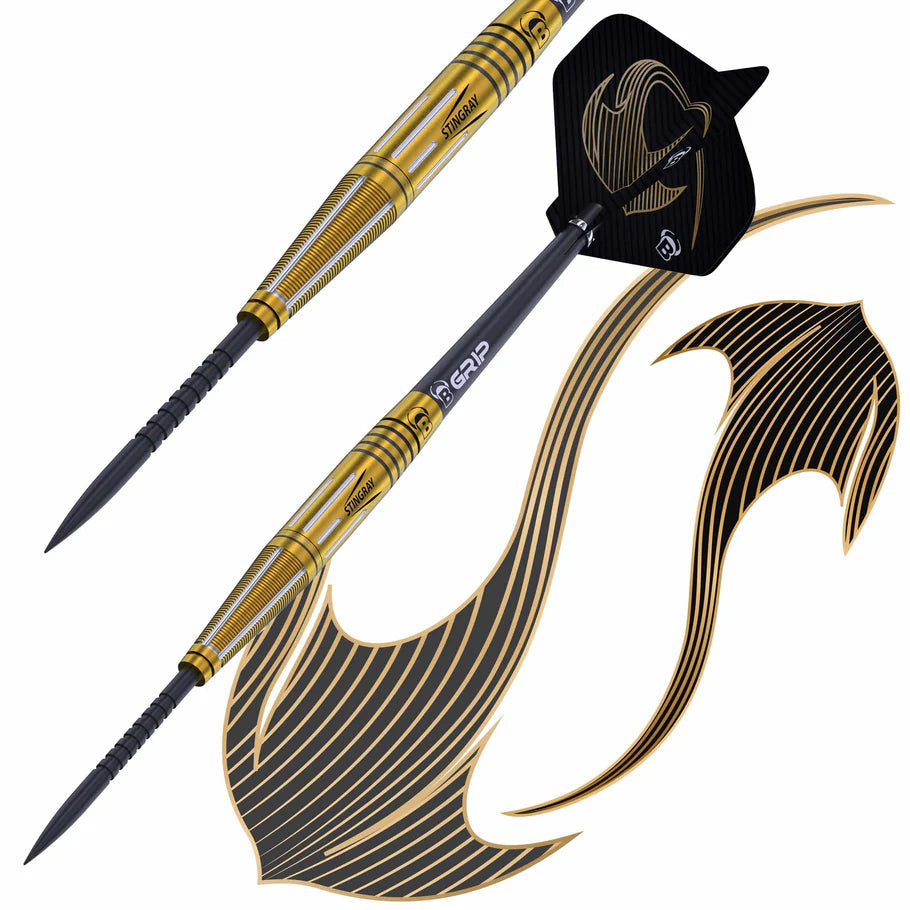 Angled view of 90% tungsten darts showing detailed barrel grip, black flights with gold stingray pattern, and matching design accent