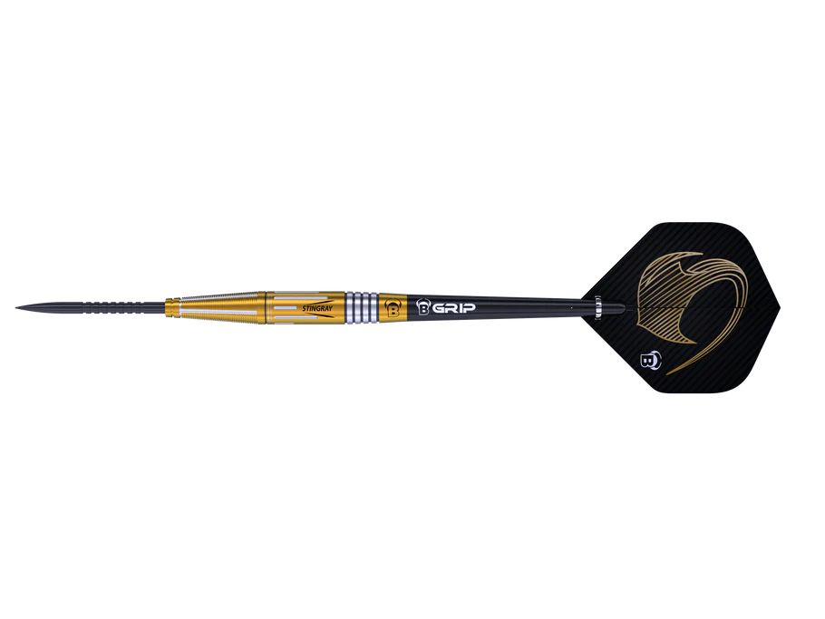 Stingray ST4 90% tungsten dart side view showing precision barrel grip, gold accents, black shaft, and detailed black flight on white background