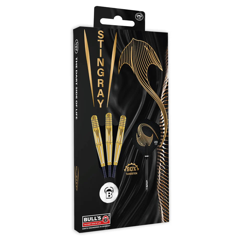 Angled view of Stingray ST4 90% tungsten darts in retail packaging, showcasing gold barrel grip, three darts, and included flight design