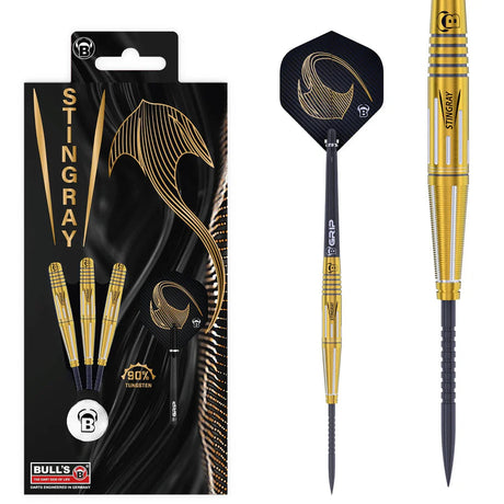 Stingray ST4 90% tungsten darts in display packaging with close-up on knurled gold barrel and assembled dart for dart players
