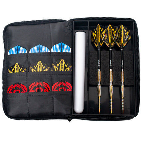 Open dart case with three assembled darts, multiple dart flights in pockets, and accessory tube on white background