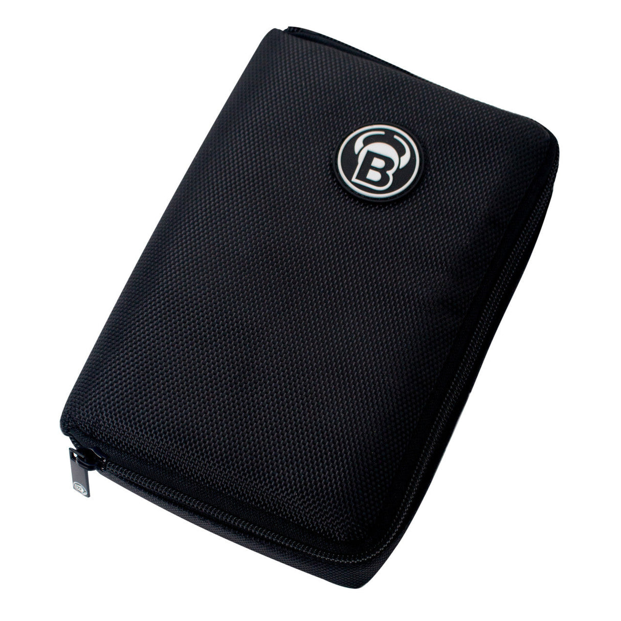 Black dart case with textured grip, zipper closure, and round logo, angled view on white background for dart storage