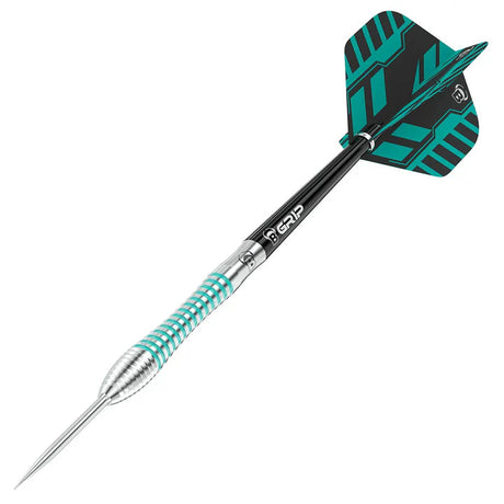 Single 90% tungsten dart full view on white, showcasing precision grip rings and teal patterned flight for dart players