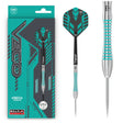 Veco V2 tungsten darts shown in retail packaging, full dart view, close-up on precision grip rings and turquoise barrel design