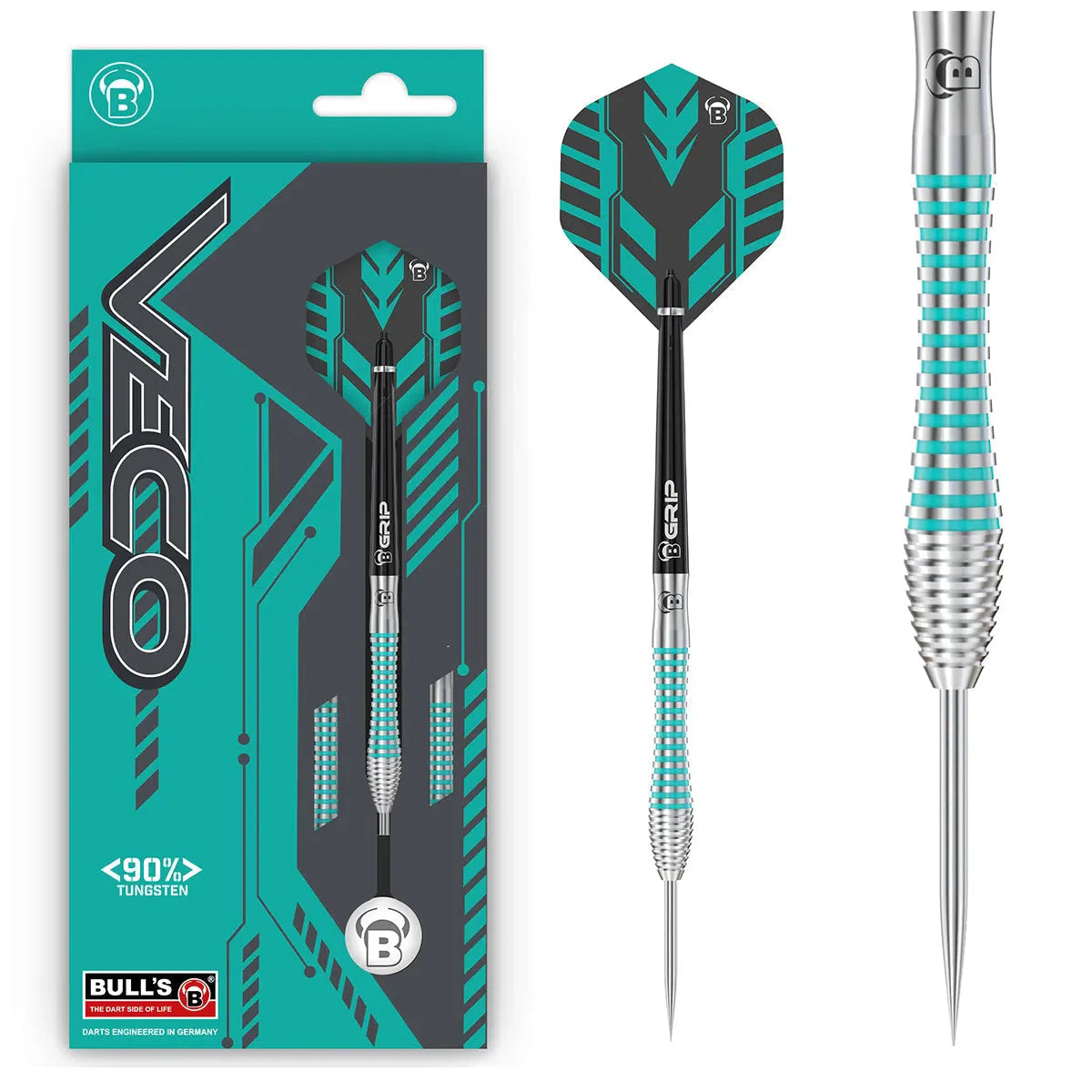 Veco V2 tungsten darts shown in retail packaging, full dart view, close-up on precision grip rings and turquoise barrel design