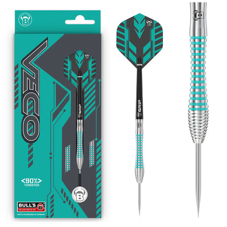 Veco V2 tungsten darts shown in retail packaging, full dart view, close-up on precision grip rings and turquoise barrel design