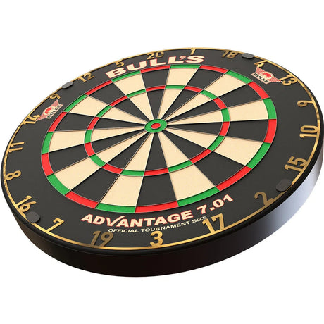 Angled view of professional dartboard, segmented scoring zones, clear gold numbers, official tournament size, isolated on white background
