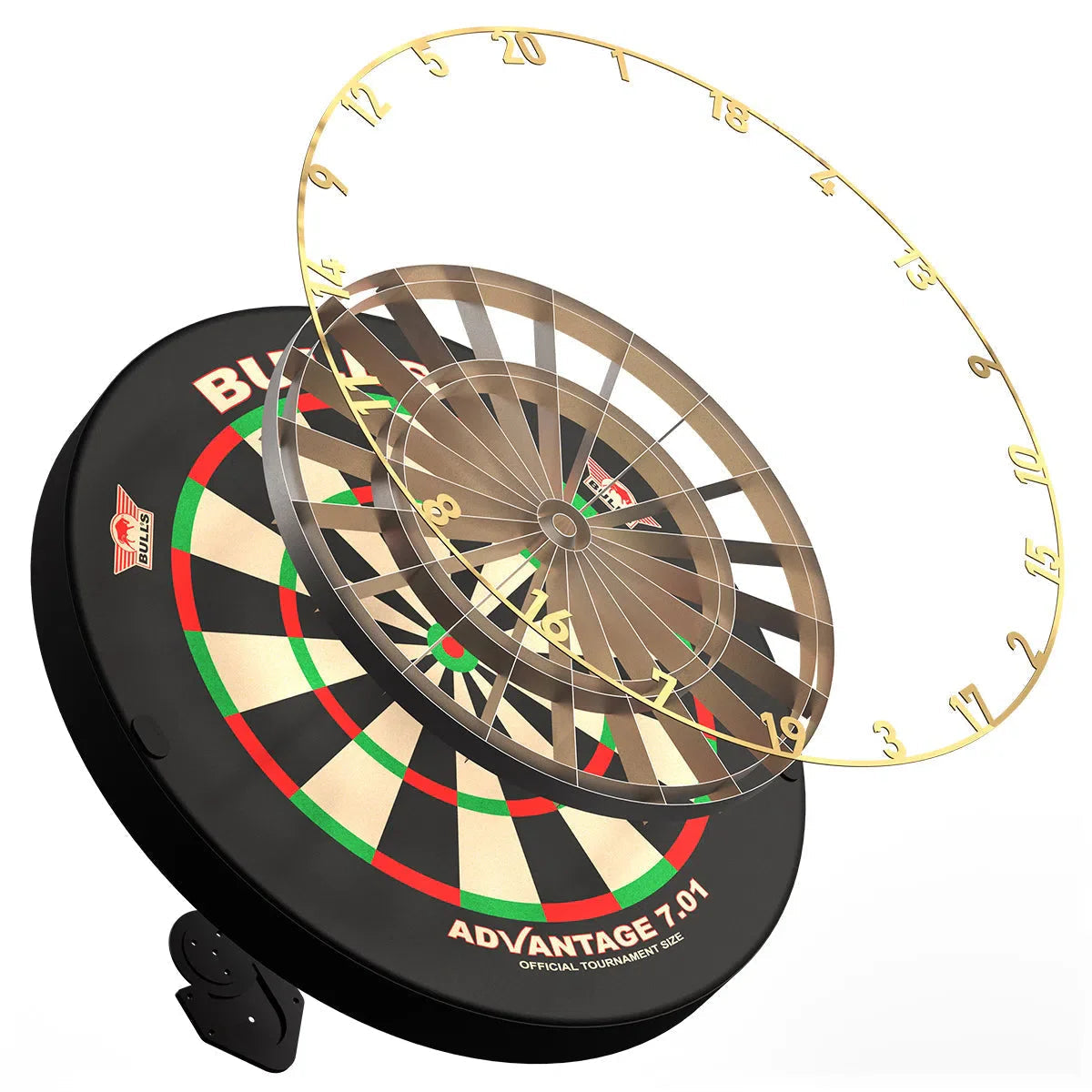 Angled view of Advantage 7.01 dartboard with exploded layers highlighting wiring system and detachable number ring for pro darts setup