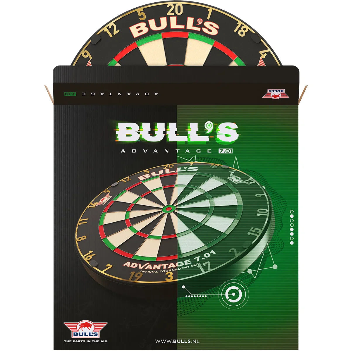 Tournament dartboard partially revealed in branded packaging, upright display highlighting official sizing and clear segment markings.