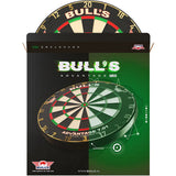 Tournament dartboard partially revealed in branded packaging, upright display highlighting official sizing and clear segment markings.