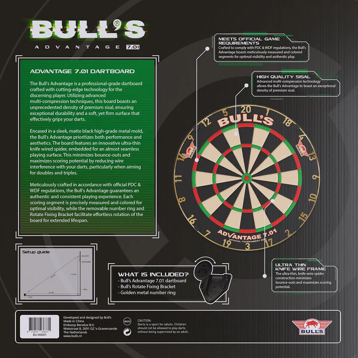 Dartboard packaging back with product specs, high-density sisal detail, ultra-thin wire frame, and full accessory list