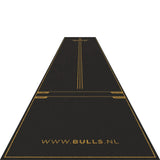 Full length angled view of darts mat on white background with throw lines, oche markings, and textured carpet surface