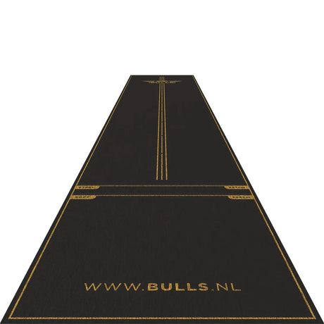 Full length angled view of darts mat on white background with throw lines, oche markings, and textured carpet surface