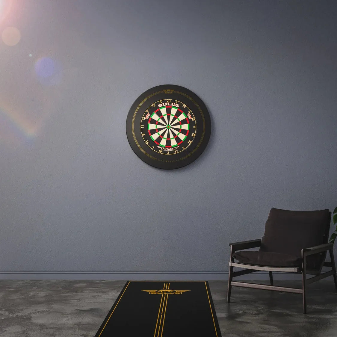Darts mat with oche positioned on floor in front of wall-mounted dartboard, home setup for precision darts practice