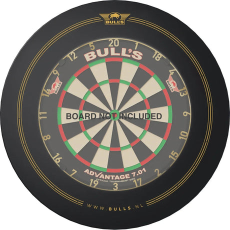 Top-down view of black and gold dartboard surround ring, isolated on white, shows full circular design for target protection.