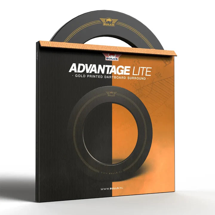 Advantage Lite gold printed dartboard surround in retail box, angled view highlighting black and gold finish for darts protection