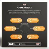 Back of dartboard surround retail packaging, infographic display of key features like high density foam, gold print, wall protection