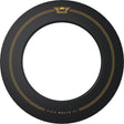 Top-down full view of black and gold printed dartboard surround ring, isolated on white, dartboard accessory