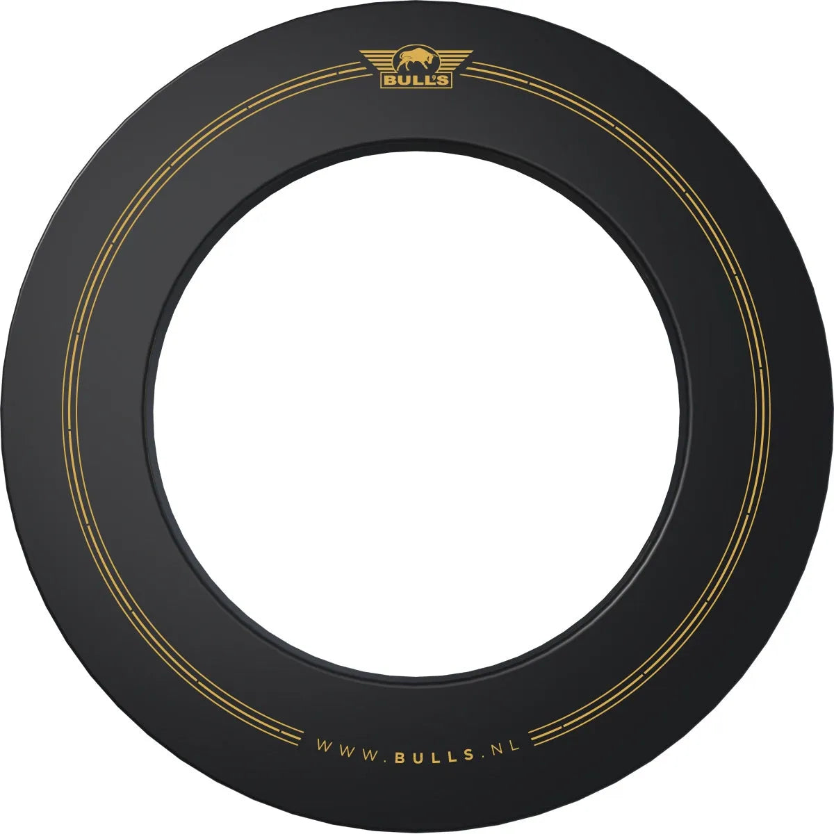 Top-down full view of black and gold printed dartboard surround ring, isolated on white, dartboard accessory