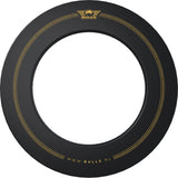 Top-down full view of black and gold printed dartboard surround ring, isolated on white, dartboard accessory