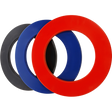 Angled view of three dartboard surrounds in black, blue, and red, rubber rings for dartboard protection, isolated on white background