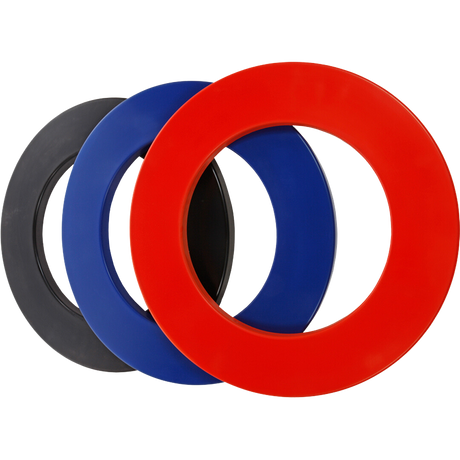Angled view of three dartboard surrounds in black, blue, and red, rubber rings for dartboard protection, isolated on white background