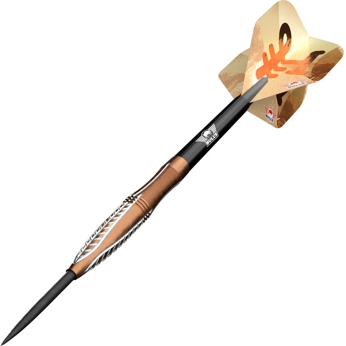 Angled view tungsten dart with bronze grip barrel, detailed flight design, and black point isolated on white background